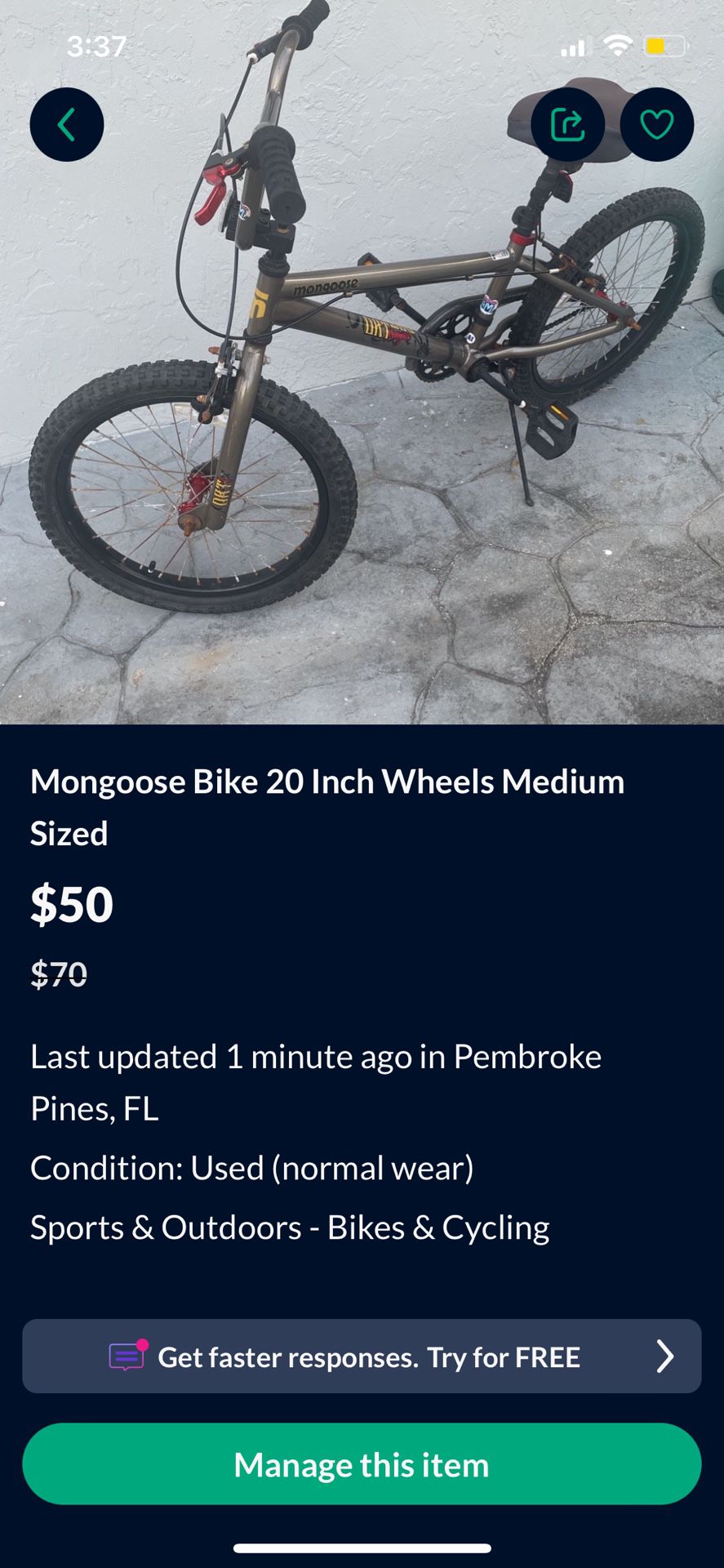Mongoose Bike 20inch Wheels Medium Sized