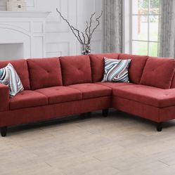 Red Velvet Tatman Upholstered L-Shaped Sectional Sofa With Ottoman Along With Cushions 