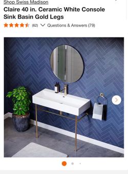 Claire 40 in. Ceramic White Console Sink Basin Gold Legs
