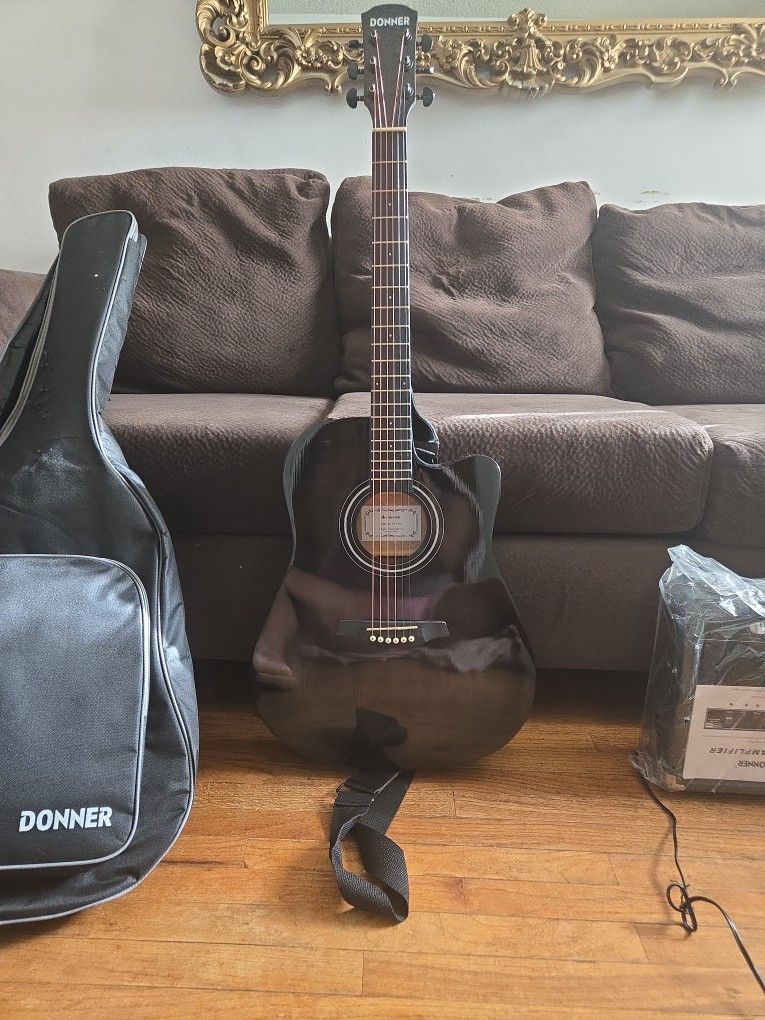 Donner Black Electric Acoustic Guitar + Donner Amp