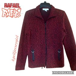 RAFAEL SPORT JACKET FULL ZIP UP NECK FRONT POCKETS STRETCHY RED BLACK EUC
