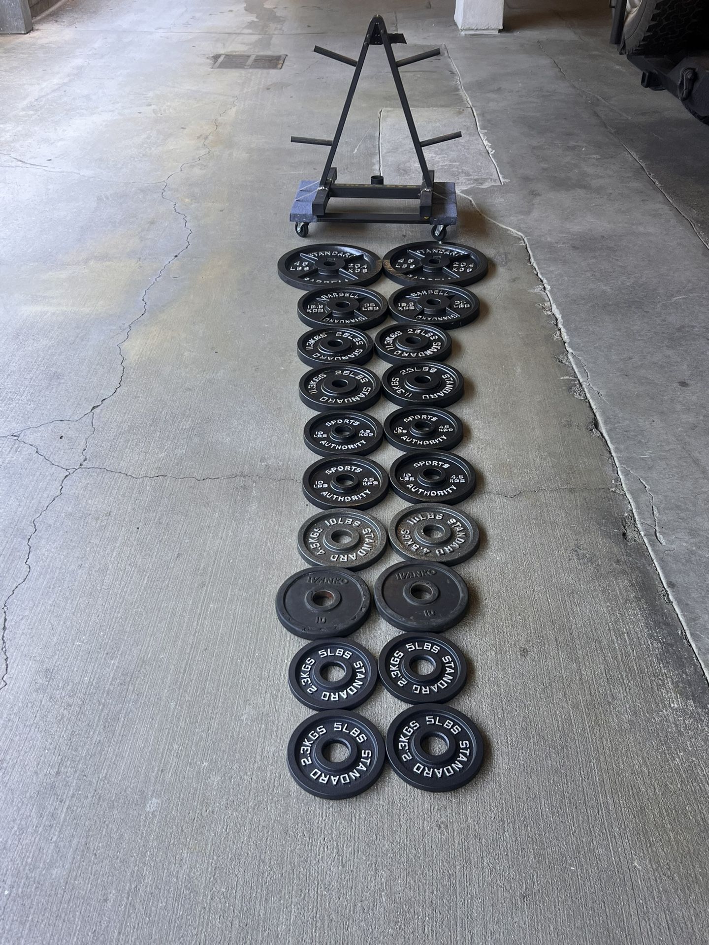 Cast Iron Olympic Weights -360lbs and Rolling Weight Tree