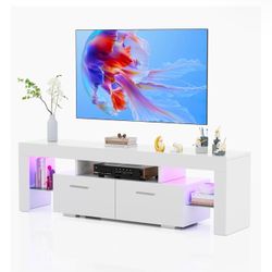 HOUAGI LED TV Stand Console Table with Glass Shelf White 65in