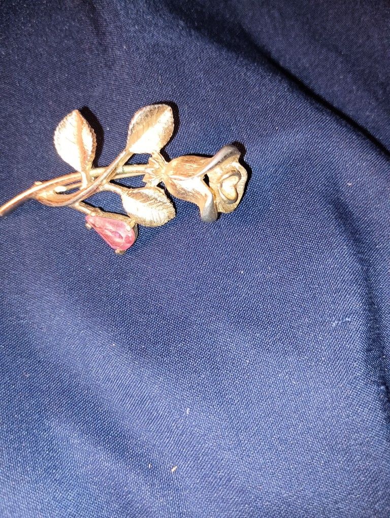 Vintage Long Stem Avon Rose. Pink Rhinestone Broach
