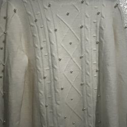 LOFT Cream Cable Knit Sweater with Pearl Embellishments