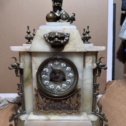  Antique Onyx & Bronze Mantel Clock – French Alabaster Timepiece