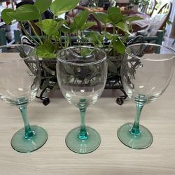 Three Vintage Green Stem Glass Wine Glasses