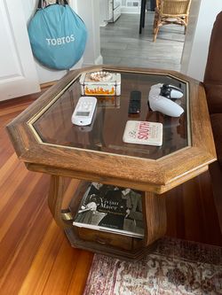 Octagonal Oak and Glass End Table (pair)