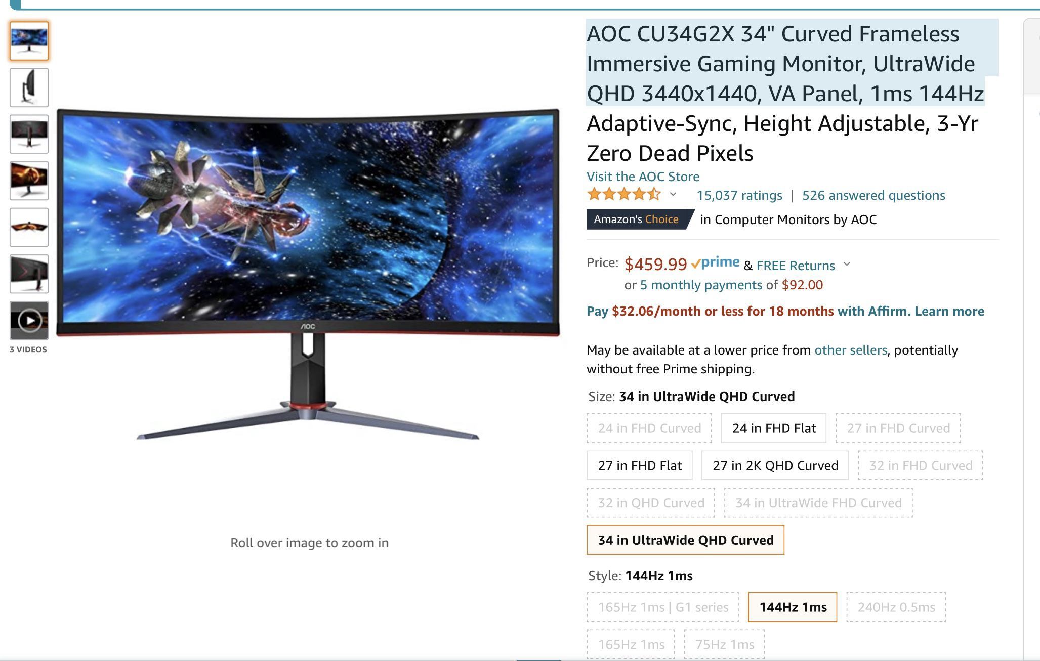 AOC CURVED ULTRAWIDE MONITOR 34 Inch