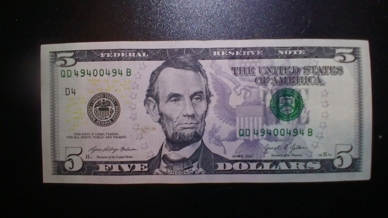 $5 RADAR Serial Numver Trinary Note 