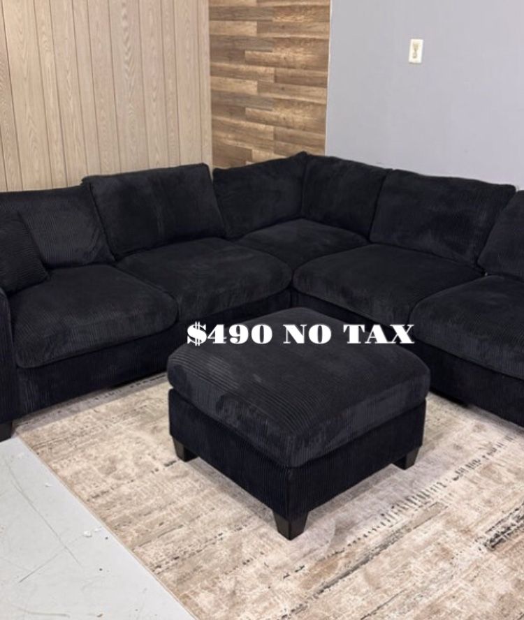 4-pc Sectional Sofa Couch With Ottoman Black Corduroy Brand New