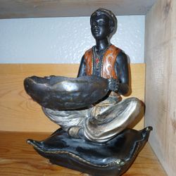 Cold Painted Bronze Man Sitting On Cushion Holding Bowl 