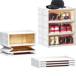 Foldable Shoe Rack Organizer for Closet Entryway 3-Tier 6 Pairs Transparent Plastic Shoe Shelf Collapsible Storage Box Cabinet with Clear Magnetic Lid