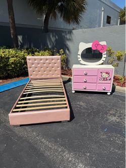 Hello kitty pink white twin size bedframe bed frame dresser wardrobe closet chest mirror girls bedroom set