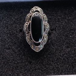 Vintage Black Onyx and Marcasite Sterling Ring Size 6.5