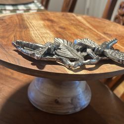 Wood cake stand with dragonfly metal decor. Read Description