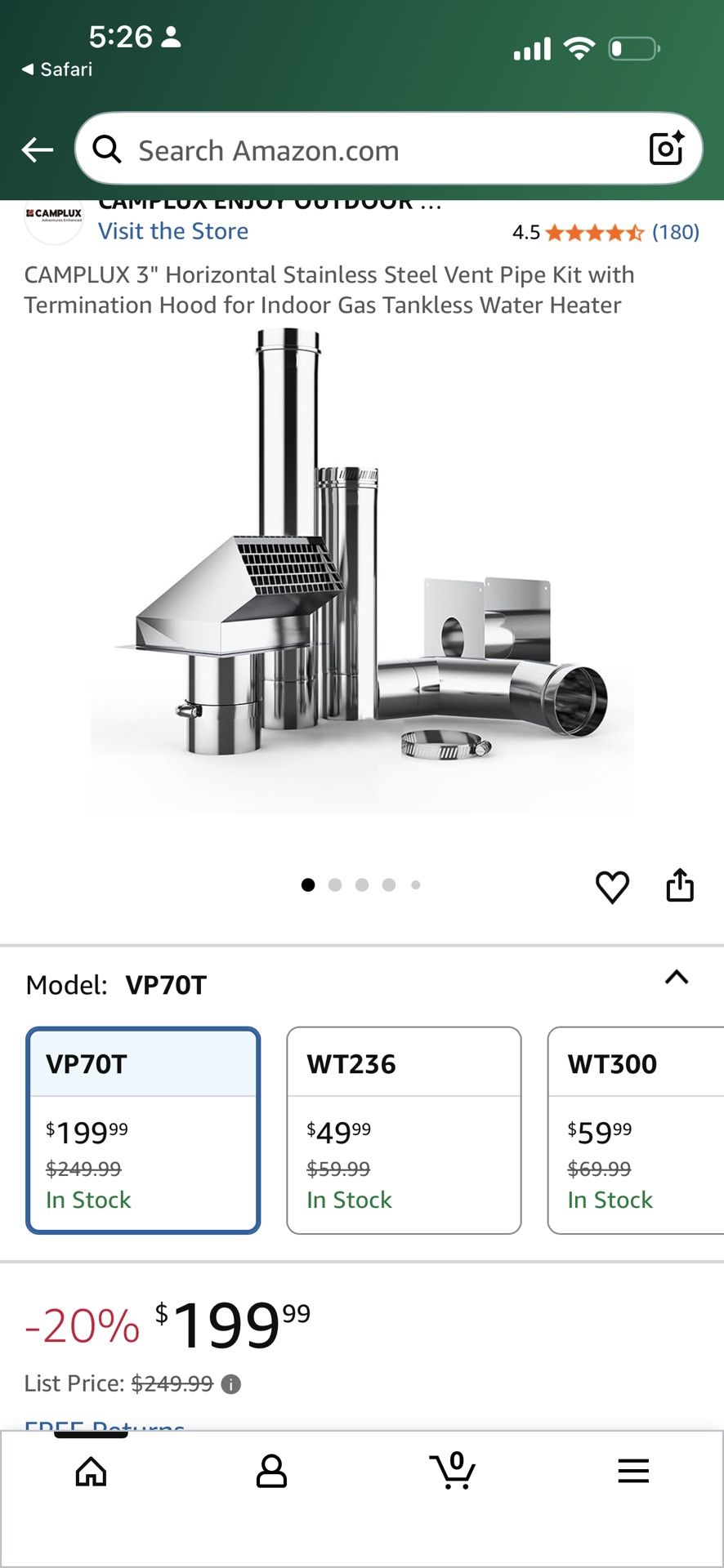 CAMPLUX 3" Horizontal Stainless Steel Vent Pipe Kit with Termination Hood for Indoor Gas Tankless Water Heater