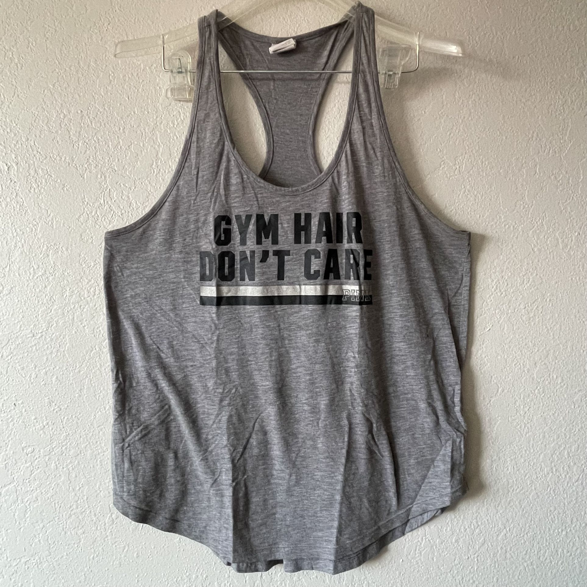 Victoria Secret Pink, Women’s Grey Razor Back TankTop Gym Hair Don’t Care Size L