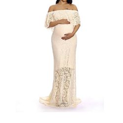 Yellow Off Shoulder Ruffles Lace Maternity Gown Photography Baby Shower Dress L