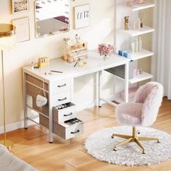 32-Inch Small Computer Desk with 4 Fabric Drawers, Storage, Side Hook and Cloth Bag, Kids Desk Study/Work Table for Bedroom and Small Space, White