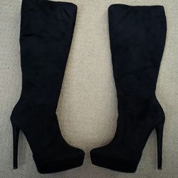 Black Suede Knee High Stilleto Boots Size 6