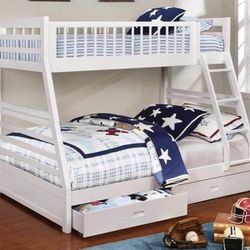 Ashton White Twin over Full 2-Drawer Bunk Bed, ASK King Bed, Queen Bed, Dresser, Nightstand, Chest, Bedroom Set, Dining Room Set, Living Room Set