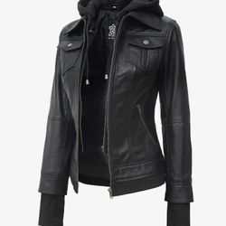 Real leather Bomber Style Jacket With Hood NWT