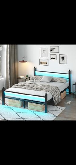 Full Size Bed Frame with Charging Station & LED Lights, Metal Platform Bed Frame with Headboard and Footboard, Storage Space Under Bed, No Box Spring