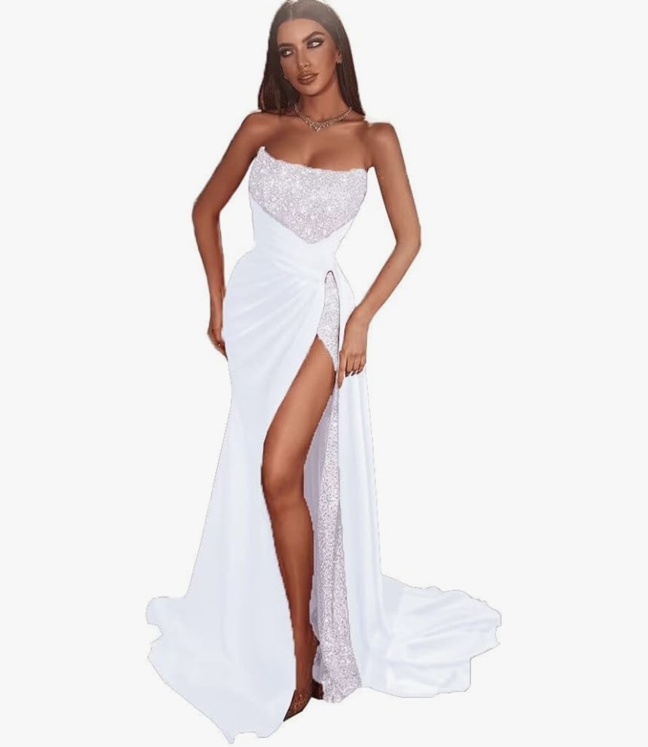 New Sparkly Sequins Prom Women Dresses Mermaid Bridesmaid Dress White US SIZE 2