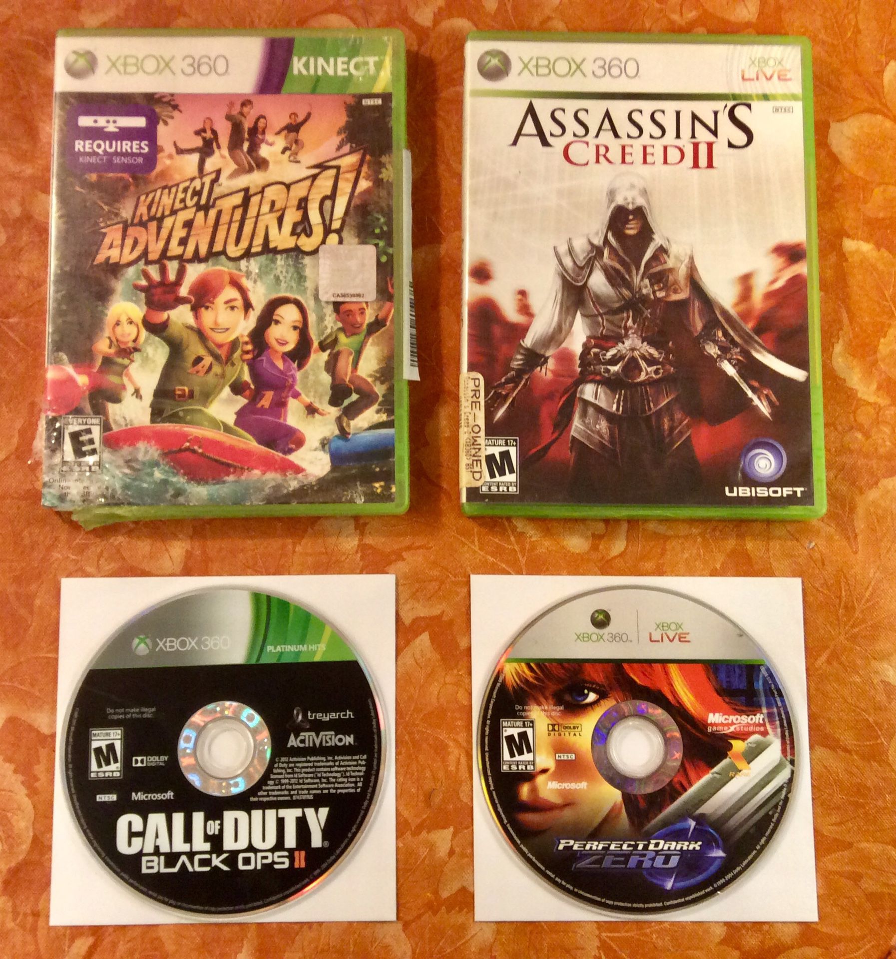4 Xbox 360 Games - Kinect Adventure- Assassin’s Creed 2 - Call of Duty Black Ops 2 - Prefect Dark Zero $30