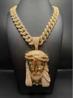 Jesus Pendant & Gold Miami Cuban Link Chain Iced Stones