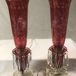 Vintage Pair of Etched Cranberry Glass Hurricane Mantle Lamps with Crystal Prisms