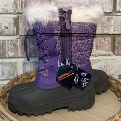 Thermolite Waterproof Snow Boots Fuzzy Sz 9 Girls Purple Zip Sides Pull String