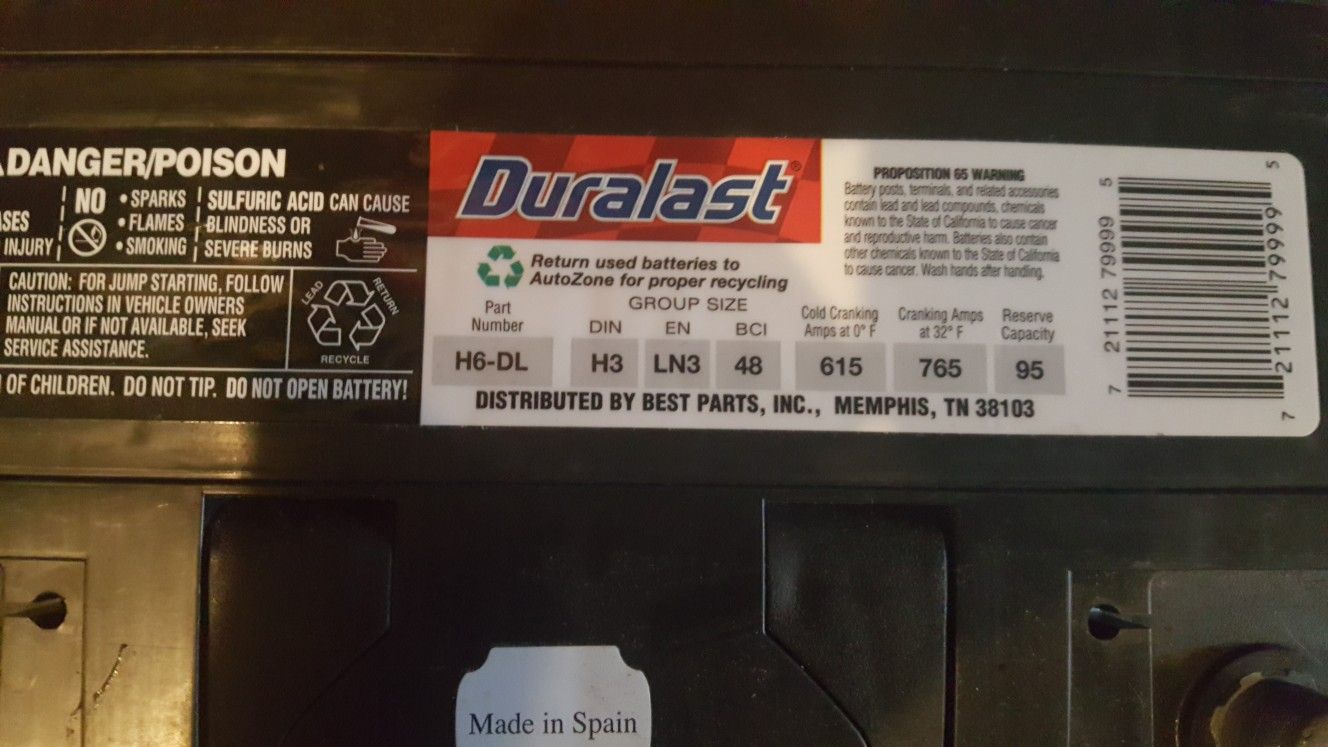 (BRAND NEW) Duralast H6-DL CAR BATTERY