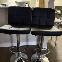 Set of 2 Modern Adjustable Swivel Bar Stools - Black Faux Leather