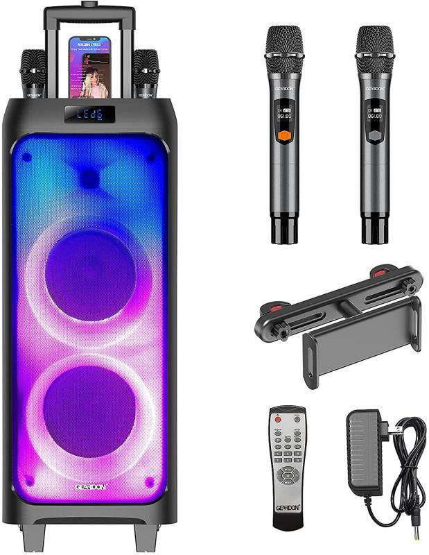 Karaoke Machine for Adults Kids, Dual 8" Subwoofer, Portable Outdoor Bluetooth Speaker w/Wireless Microphones for Singing, Recording, DJ lights
