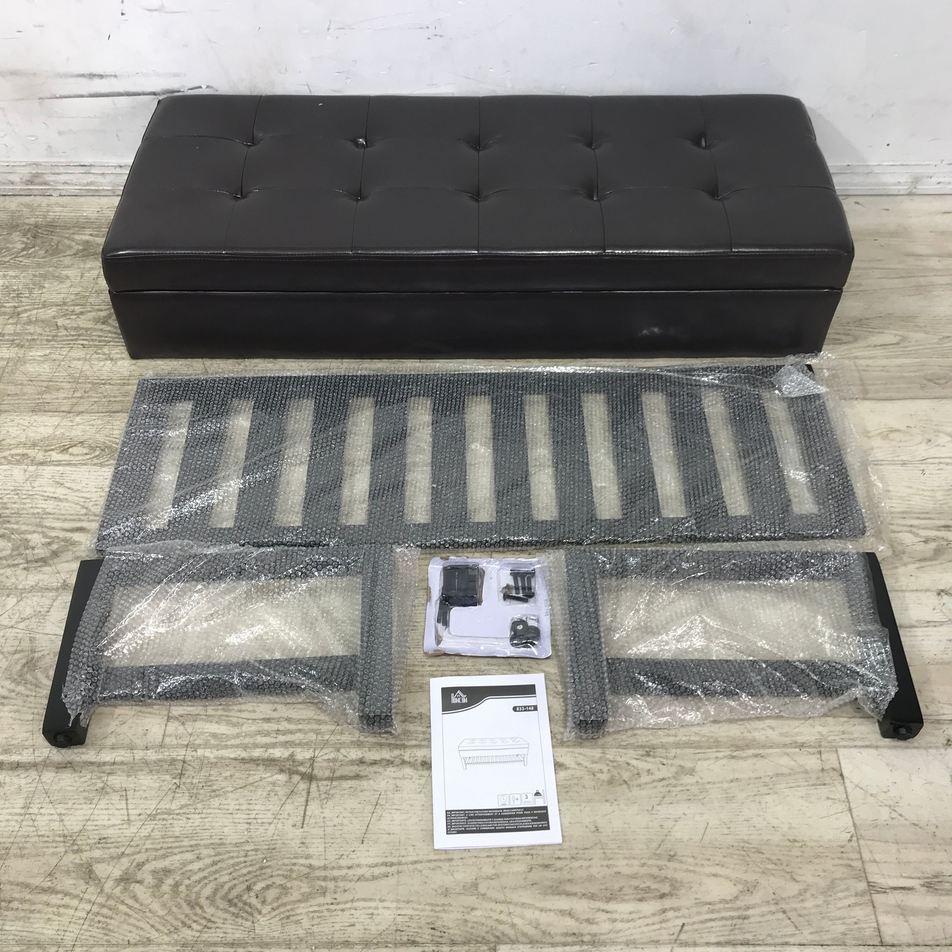 HOMCOM 44 in. Dark Brown Tufted Faux Leather Ottoman Storage Bench with Shoe Rack