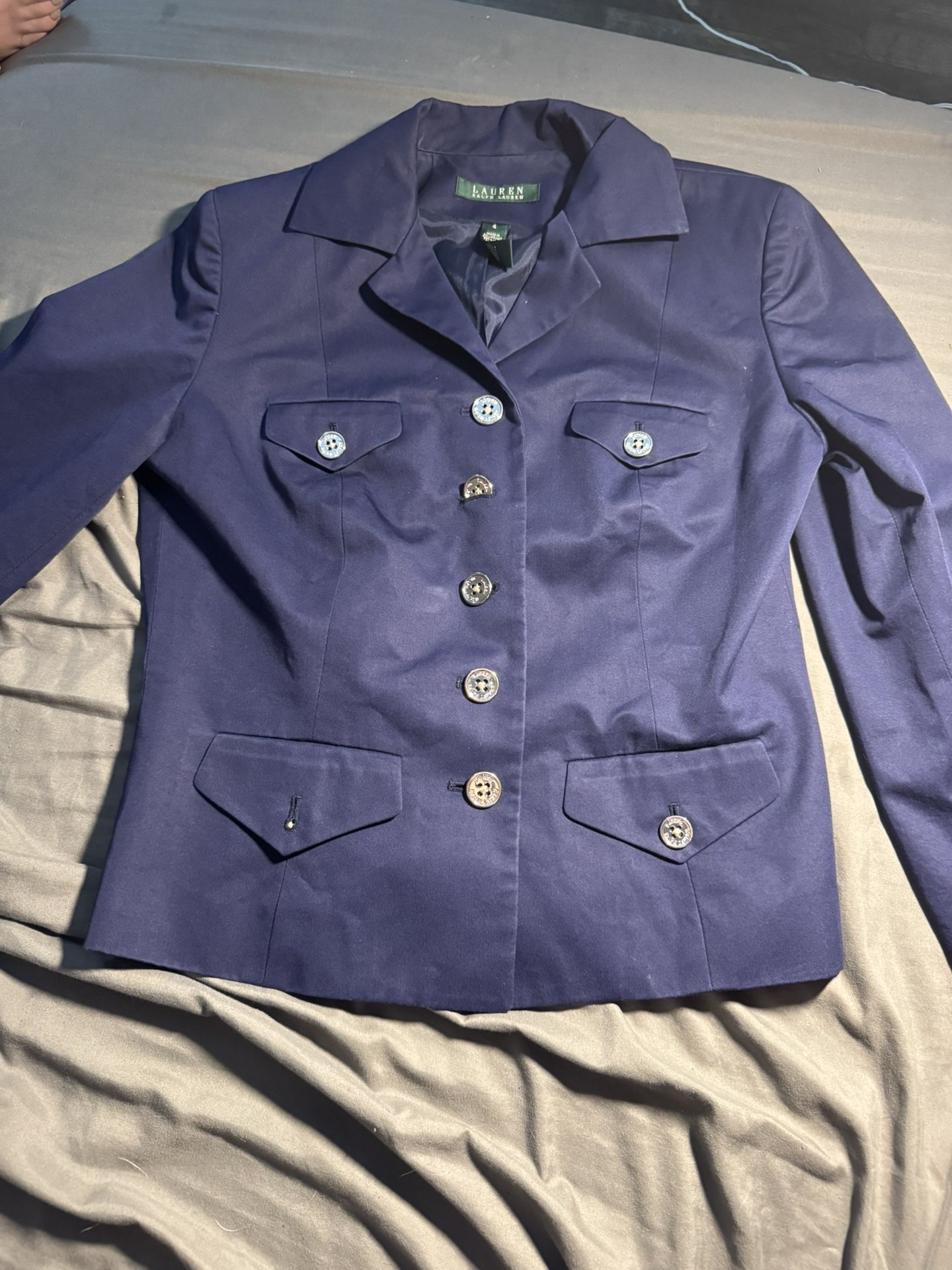Vintage Lauren Ralph Lauren Women's Cotton/Silk Blazer Jacket in Navy Blue, Size 4