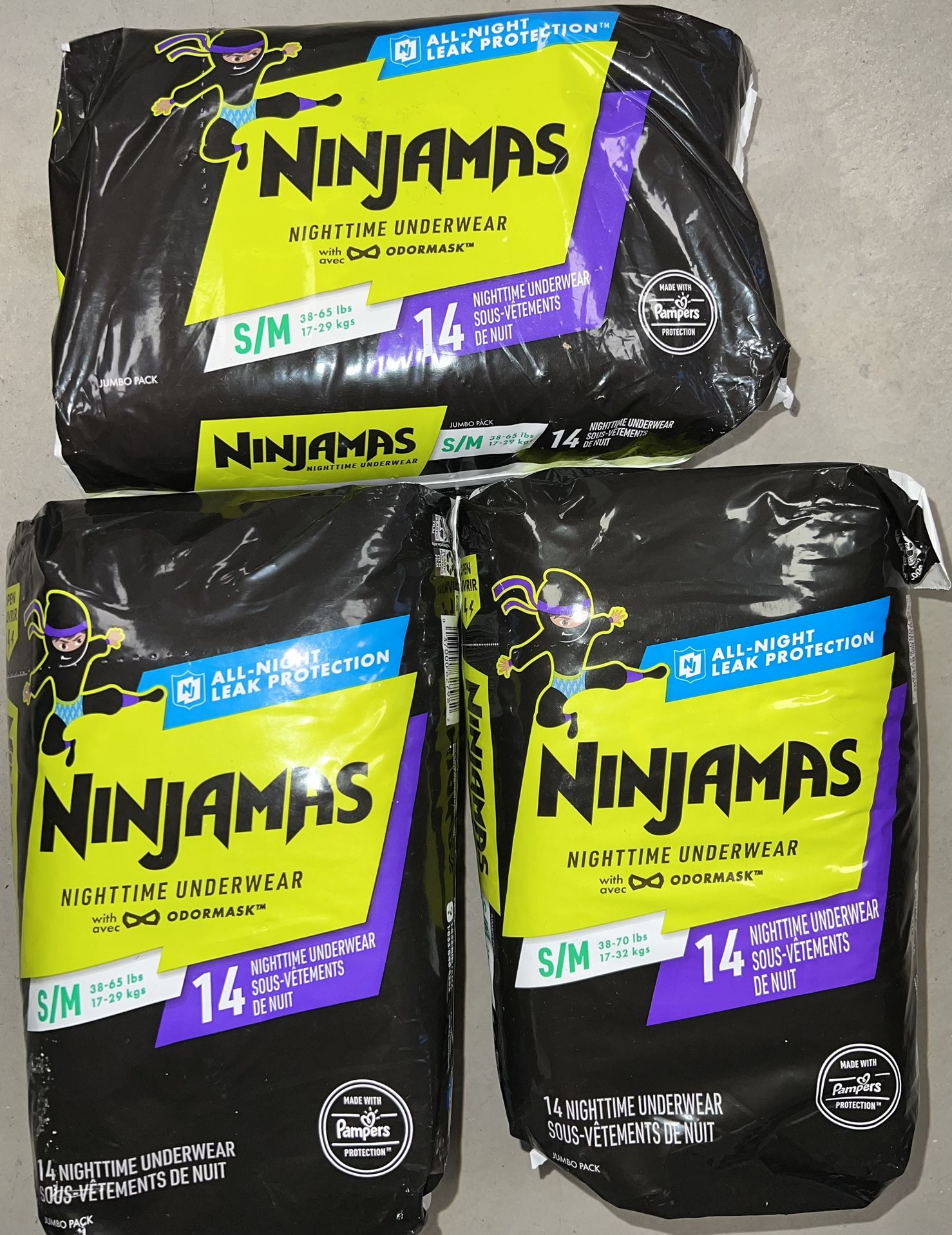 Ninjamas 3 bags Pampers Ninjamas Nighttime Pants Toddler Boys Size S/m, 14 Count