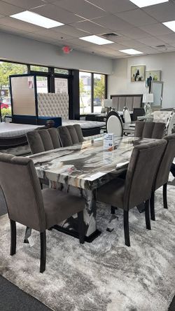 Contemporary, Marble look dining set to create and elevated feel
