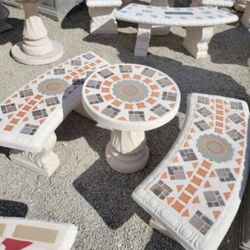 Concrete Mosaic Cocktail Table with 2 Benches/ Outdoor Patio Furniture
