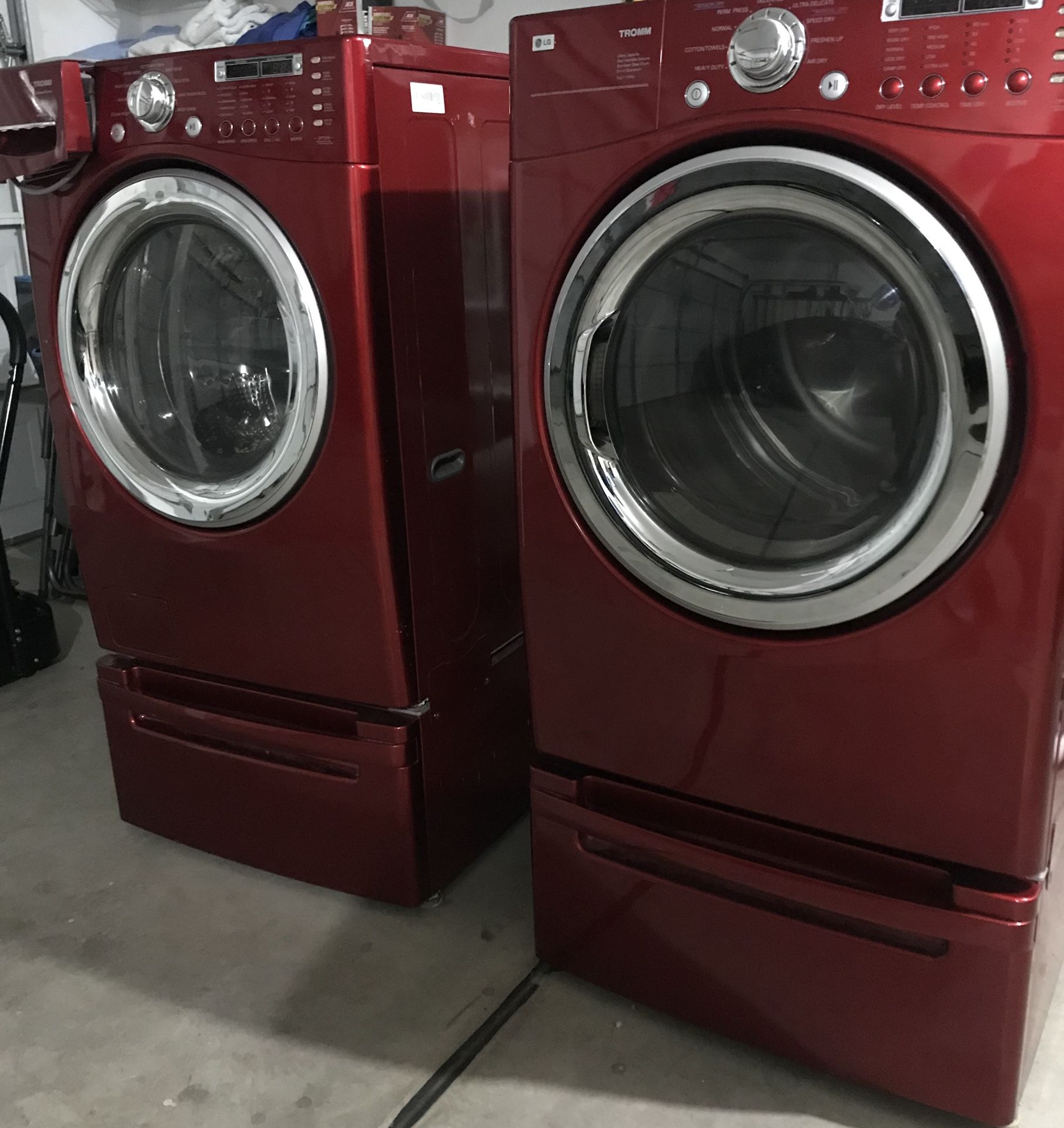 LG 27 Inch TROMM Front-Load Washer AND dryer With Storage Pedestals! Wild Cherry Red