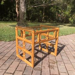 Mid century rattan glass end table, side table, accent table