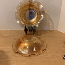 2 Vintage Jeannette Glass Floragold Louisa pattern Carnival glass serving bowl with a ruffled edge. Discontinued. Circa 1950 10”  L5