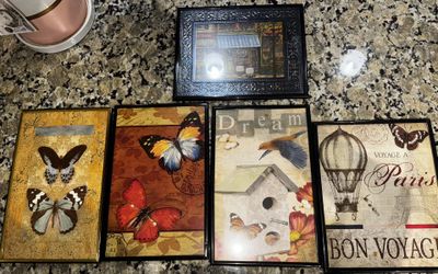 Framed Wall Art Set – Butterflies, Paris, Café – 5 Pieces