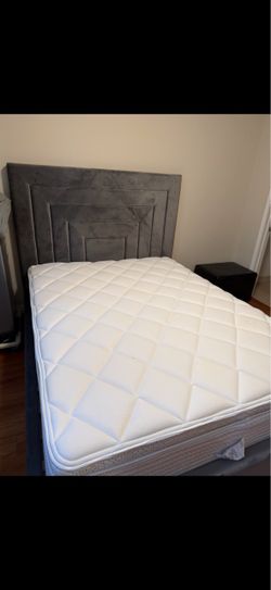 Gray Upholstered Bed Frame with Mattress