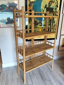Vintage 4 Tier Bamboo Split Rattan Etagere, Book Shelf, Plant Stand.