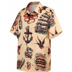 Vintage Sailor Jerry Tattoo Flash Print Hawaiian Camp Shirt Button Up