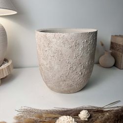 11" tall Minimalist Hand-Painted & Textured Planter Pot with drainage hole - Cream Sand wash
