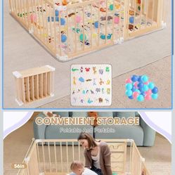 Foldable Wooden Baby Playpen Activity Center,Adjustable Size & Shape Portable Play Yard, Baby Fence Play Area with Gate for Indoor Use for Babies and 